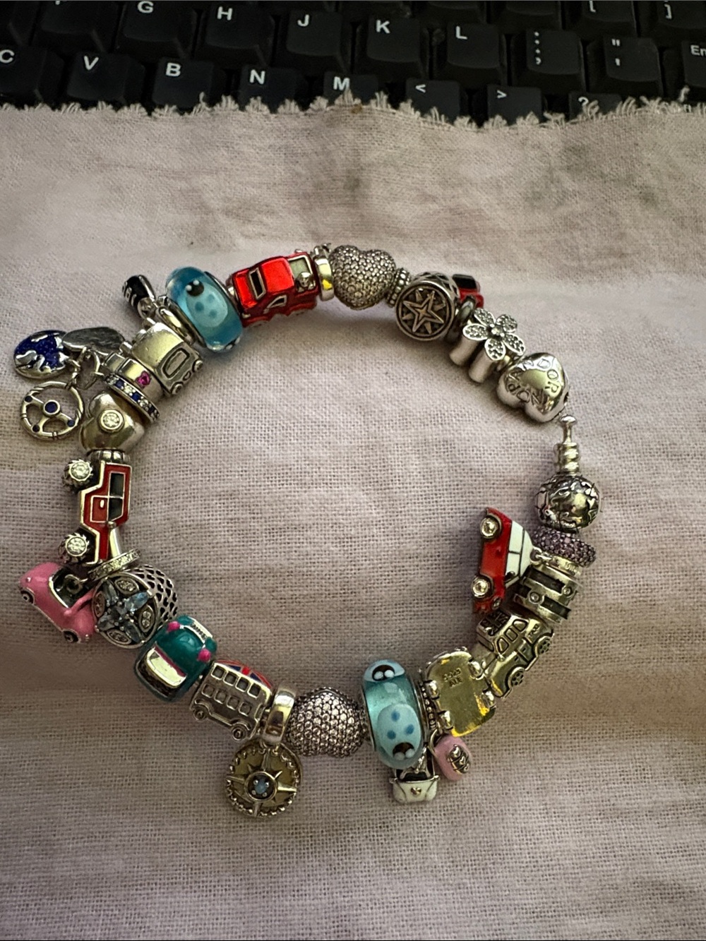 Pandora bracelet with car theme charms